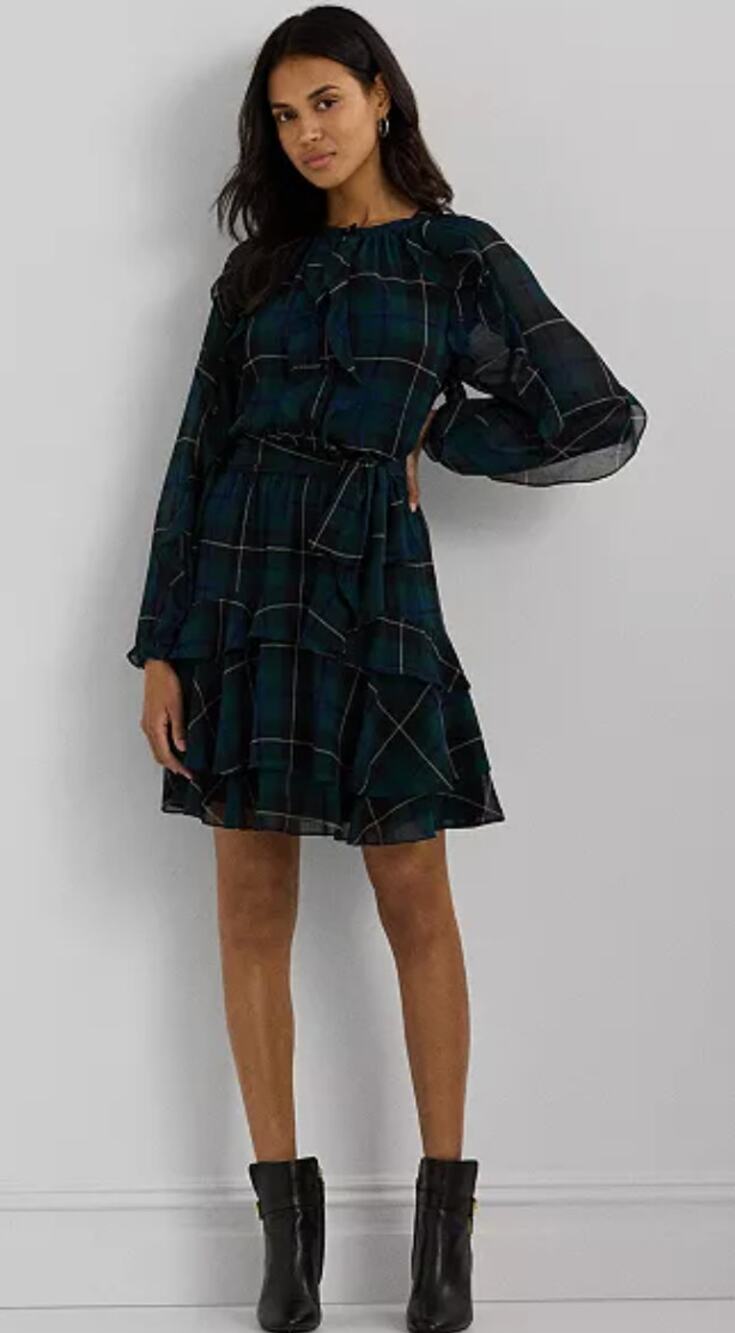 NWT Ralph Lauren Plaid Ruffle-Trim Georgette Tiered Dress, Size 2 $185